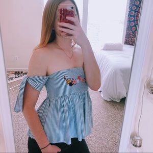 Pinstripe Tie-Sleeve Floral Blouse